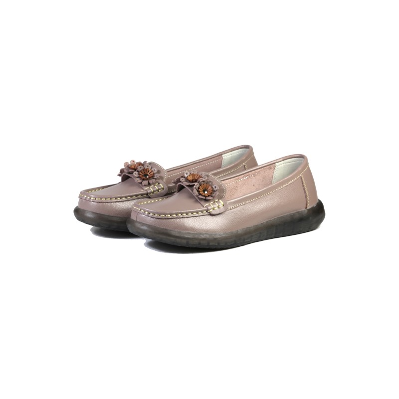 Mocasini cu Model Floral din Piele Naturală, Maro-Cânepă