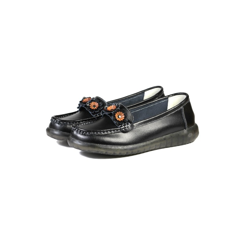 Mocasini cu Model Floral din Piele Naturală, Negru